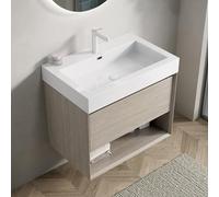 VIEKOS Lavabo LUZ 70cm con lavabo integral de resina rectangular blanca,Armario de madera contrachapada con un cajón y un estante abierto, premontado, color roble claro grano de madera
