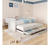 VIEKOS Litera de 90 x 200 cm, cama infantil, cama para niñas y niños, estructura de madera de pino y tablero de fibra de densidad media con escalera y cama extraíble y 3 cajones, sin colchón, color