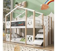 VIEKOS Litera de 90 x 200 cm, cama infantil con espacio de almacenamiento y protección contra caídas, cama alta para niños, 2 somieres, color natural y blanco