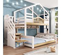 VIEKOS Litera para niños, color blanco y aspecto de madera natural, 90 x 200 cm, parte superior de 140 x 200 cm, con armario para escaleras, espacio de almacenamiento, estanterías, ascenso seguro