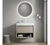VIEKOS LUZ 70 cm Wandmontie - Lavabo de baño con lavabo integral de resina rectangular blanca, armario de madera contrachapada con un cajón y un estante abierto, premontado, color roble claro grano de