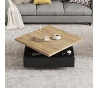 VIEKOS Mesa auxiliar multifuncional cuadrada con cajón de café giratorio 360°, alto brillo, 2 niveles, armario de almacenamiento, color madera natural, negro, aglomerado, nogal