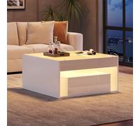 VIEKOS Mesa de centro de 70 x 70 x 35 cm, mesa auxiliar con 2 cajones, mesa de sofá, mesa de café brillante, mesa de salón con diseño calado, escritorio y mesa de comedor de cristal templado con LED