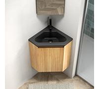 VIEKOS Mueble de baño de 38 cm, soporte de pared Zuri, con lavabo integrado de resina negra mate, armario triangular de madera contrachapada para esquinas con puerta y grano de madera natural