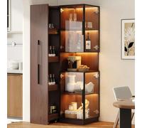 VIEKOS Vitrina de 70 × 38 × 160 cm con doble cristal LED, vitrina de pie de madera MDF en nogal, vitrina de cristal con estante extraíble, armario alto para salón, comedor y cocina, color marrón nogal