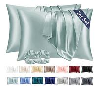 Vielit Juego de 2 fundas de almohada de raso, 50x70 cm, color verde, suave como la funda de almohada de seda de 50x70, funda de almohada de 50x70 cm, con 2 gomas para el pelo, certificado ecológico