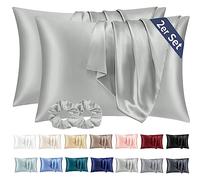 Vielit Juego de 2 fundas de almohada de satén 70 x 40 cm, color gris plateado, suave como la seda, mejor cuidado que la de seda, para cabello y piel, con 2 gomas