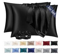 Vielit Juego de 2 fundas de almohada de satén 70 x 40 cm, color negro, suave como la seda, mejor cuidado que la de seda, para cabello y piel, con 2 gomas