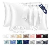 Vielit Juego de 2 fundas de almohada de satén 70x40 cm, color blanco, suave como la seda, mejor cuidado que la de seda de satén, para cabello y piel, con 2 gomas