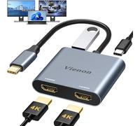 VIENON Adaptador USB C a HDMI dual 4K a 60HZ, adaptador HDMI USB C para monitores duales con USB-A 3.0, PD de 100 W compatible con MacBook Air/Pro, más portátiles Thunderbolt 3/4