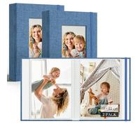 Vienrose Álbumes de Fotos Pequeños 15x10 cm, 2 Mini Álbumes Portátiles con Cubierta de Lino y Ventana Personalizable, 26 Páginas para 52 Fotos, Postales o Recuerdos de Viaje, Fácil de Llevar, Azul