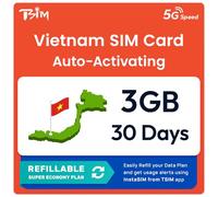 Vietnam Tarjeta SIM | Plan Recargable Súper Económico de 3 GB | Activación automática con validez de 30 días | Velocidad 5G/4G | Hotspot Permitido | Solo Datos, sin número de teléfono.