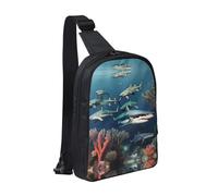 View Under The Moon - Bolsa de pecho con doble bolsillo, perfecta para conciertos, deportes, viajes, ciclismo y senderismo, mochila cruzada, Tiburones bajo el mar, Talla única