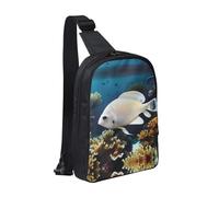 View Under The Moon - Bolsa de pecho con doble bolsillo, perfecta para conciertos, deportes, viajes, ciclismo y senderismo, mochila cruzada, Pez blanco y dorado, Talla única