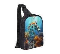 View Under The Moon - Bolsa de pecho con doble bolsillo, perfecta para conciertos, deportes, viajes, ciclismo y senderismo, mochila cruzada, Caballito de mar azul, Talla única
