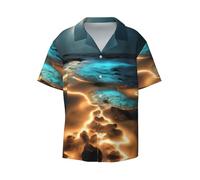 View Under The Moon - Camisa casual de manga corta para hombre, elegante estampado hawaiano, transpirable y cómoda con botones, Negro, XL