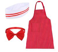 Vifcotlyp Juego de 3 Delantales y Gorro de Chef, Traje Ajustable para Adultos, con Bolsillos, Diseño a Rayas Rojas y Blancas, para Cocina y Hornear