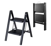 Vigar Escalera Plegable - 2 Peldaños de Acero, Taburete Plegable Portatil Antideslizante con Asa Metal, Taburete Escalera Banquito Step Stool hasta 150 kg, Compacto Ligero para Cocina Hogar - Negro