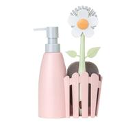 Vigar - Set Fregadero - Pack Soporte, Cepillo Lavaplatos, Esponja - 7 x 14 x 26.5 cm - Flower Power - Con Dispensador - Bandeja de 3 Piezas - Rosa