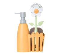 Vigar - Set Fregadero - Pack Soporte, Cepillo Lavaplatos, Esponja - 7 x 14 x 26.5 cm - Flower Power - Con Dispensador - Bandeja de 3 Piezas - Naranja