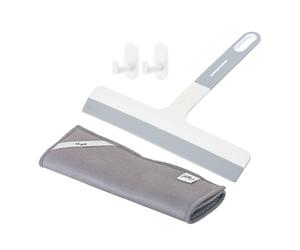 Vigar - Set Limpia Cristales - con Rasqueta, Bayeta Microfibra y 2 Ganchos - 23,5 x 6 x 20 cm - Modelo Basic - para Limpiar Mamparas de Ducha y Ventanas de Cristal - Mango de Goma - Gris