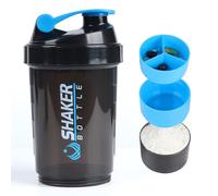 VIGIND Botella de proteína de 500 ml, botella de agua deportiva, botella de batido antigoteo, antideslizante, 3 capas, con bandeja de píldoras, proteína en polvo con almacenamiento (azul)
