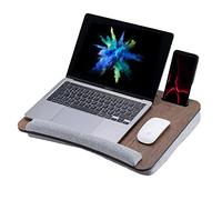 Vigo Wood Bandeja de Regazo para Portátil 16'' con Cojín y Soporte para Ratón y Teléfono, Escritorio Portátil de Madera para Sofá y Cama (Nogal y Gris)