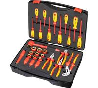 VIGOR Caja de herramientas VDE V5632, Para uso con electricidad/en sistemas/dispositivos eléctricos, Juego de 29 piezas con herramientas aisladas, compacto, seguro, hasta 1000/1500 voltios CA/CC