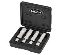 VIGOR Juego de llaves de vaso para bujías V7002/4, 4 piezas, cuadrado de 3/8 pulgadas, perfil hexagonal doble exterior, tamaños 14-20,8 mm, rótulas para lugares de difícil acceso, magnéticas