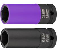 VIGOR Juego de llaves de impacto V6313, 2 piezas, cuadradillo de 1/2 pulgada, 20,5 mm para tuercas de rueda sin tapón cromado, 21,5 mm para tapones cromados deformados