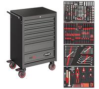 VIGOR V2379N/210 Carro de herramientas Serie M, juego de herramientas de 255 piezas, 7 cajones, capacidad de carga 400 kg, cierre centralizado, recubrimiento de polvo, asa, ruedas giratorias con freno