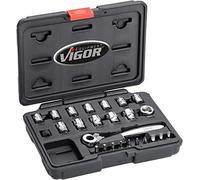 Vigor V5202 V5202 - Juego de llaves de vaso (6,3 mm (1/4", 20 mm, planas, 25 piezas), color negro