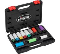 ViGOR V6312/12 Juego de llaves de vaso para llaves de impacto, 12 piezas, protección de tornillos de rueda con tapa de plástico, adecuado para KIA, HYUNDAI, MERCEDES-BENZ, tamaños SW 15-22,2 mm