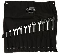 Vigor V6752/12 - Juego de llaves combinadas (doble articulación, mecanismo de carraca dentado fino en el lado del anillo, 12 piezas en práctica funda enrollable), color plateado