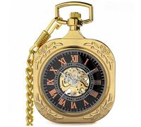 VIGOROSO Reloj de bolsillo mecánico clásico steampunk con cadena esqueleto manual para hombre y mujer, cuadrado dorado