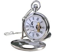 VIGOROSO Reloj de bolsillo mecánico de cuerda manual para hombre, Half Hunter, doble cubierta, 24 horas, fase lunar, relojes de lujo con tourbillon en caja, Romano n.º plateado, Reloj de bolsillo