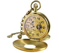 VIGOROSO Reloj de bolsillo mecánico de cuerda manual para hombre, Half Hunter, doble cubierta, 24 horas, fase lunar, relojes de lujo con tourbillon en caja, Árabe NO.Oro, Reloj de bolsillo