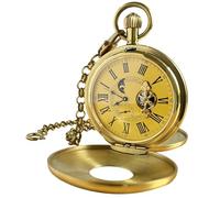 VIGOROSO Reloj de bolsillo mecánico de cuerda manual para hombre, Half Hunter, doble cubierta, 24 horas, fase lunar, relojes de lujo con tourbillon en caja, Romano NO.Oro, Reloj de bolsillo