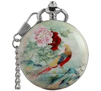 VIGOROSO Reloj de bolsillo mecánico manual de pájaro floral vintage para hombres y mujeres, elegante reloj de bolsillo de cuerda esqueleto con cadena y caja de regalo, Verde, Reloj de bolsillo