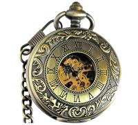 VIGOROSO Reloj de bolsillo para hombre con cadena Half Hunter doble cubierta esqueleto mecánico relojes de bolsillo para hombres papá, bronce