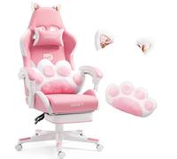 Vigosit Silla de juegos linda con cojín lumbar de pata de gato y orejas de gato, silla de juego ergonómica con reposapiés, sillón de PC ajustable para niñas, adolescentes, niños, rosa