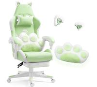 Vigosit Silla de juegos linda con cojín lumbar de pata de gato y orejas de gato, silla de juegos ergonómica con reposapiés, sillón de PC ajustable para niñas, adolescentes, niños, verde