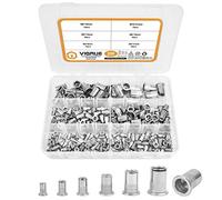 VIGRUE Surtido de 250 tuercas de remache M3, M4, M5, M6, M8, M10, tuercas de remache A2-70, acero inoxidable, herramienta de cabeza plana, rosca para remaches