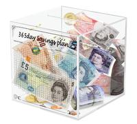 Viitech Alcancía transparente de 15 x 15 x 15 cm que se debe romper para abrir, con plan de ahorro de 365 días y bolígrafo, caja cuadrada de acrílico transparente para ahorrar dinero, monedas y dinero
