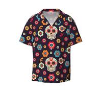 Viiuhvjbj Camisa de manga corta con estampado de calavera mexicana para hombre, transpirable, informal, hawaiana, Negro, S
