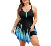 Vijamiy Bañadores Mujer Reductores Tallas Grandes Bañador Vientre Plano Push Up Cuello en V Trajes de Baño Una Pieza Plus Size Swimwear Swim Skirt con Pierna para Playa Piscina(Negro y Azul,L)