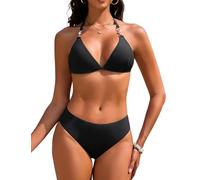 Vijamiy Bikini Mujer Tanga Traje De Baño para Mujer Cuello en V Push Up Triángulo Bikini Top Conjunto de Bikinis Tanga Bañador Sexy Swimwear Vikini con Pearl Strings(Negro,L)