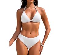 Vijamiy Bikini Mujer Tanga Traje De Baño para Mujer Cuello en V Push Up Triángulo Bikini Top Conjunto de Bikinis Tanga Bañador Sexy Swimwear Vikini con Pearl Strings(Blanco,M)