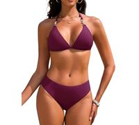 Vijamiy Bikini Mujer Tanga Traje De Baño para Mujer Cuello en V Push Up Triángulo Bikini Top Conjunto de Bikinis Tanga Bañador Sexy Swimwear Vikini con Pearl Strings(Rojo púrpura,L)