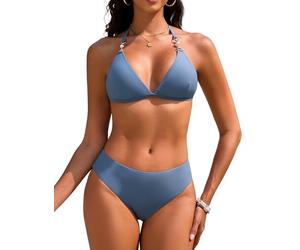 Vijamiy Bikini Mujer Tanga Traje De Baño para Mujer Cuello en V Push Up Triángulo Bikini Top Conjunto de Bikinis Tanga Bañador Sexy Swimwear Vikini con Pearl Strings(Azul,S)